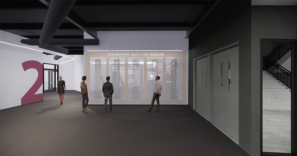 a rendering of the club's founders wall